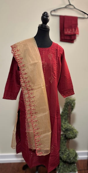 VISCOUS SILK HANDMADE READYMADE SET WITH ORGANZA DUPATTA