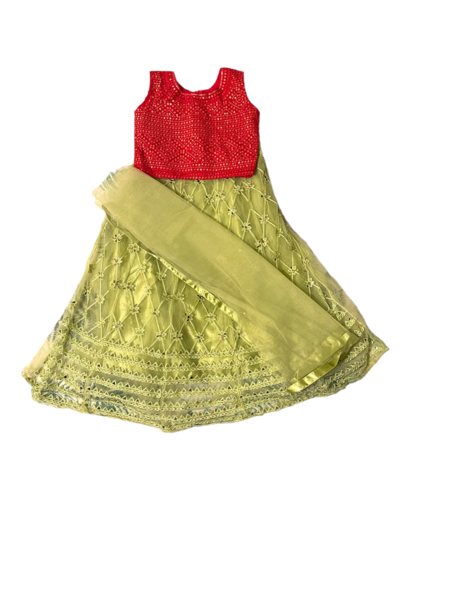 PARTY WEAR CROP TOP,SKIRT&DUPATTA,SLEEVES ATTACHED