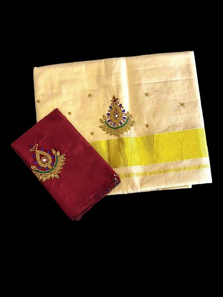 KERALA SET SAREE WITH DESIGNER BLOUSE PIECE