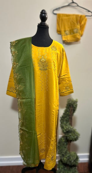 VISCOUS SILK HAND WORK READYMADE SET WITH ORGANZA DUPATTA