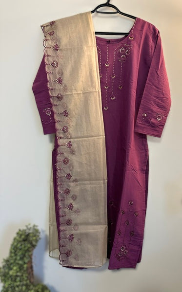 VISCOUS SILK HAND WORK READYMADE SET WITH ORGANZA DUPATTA