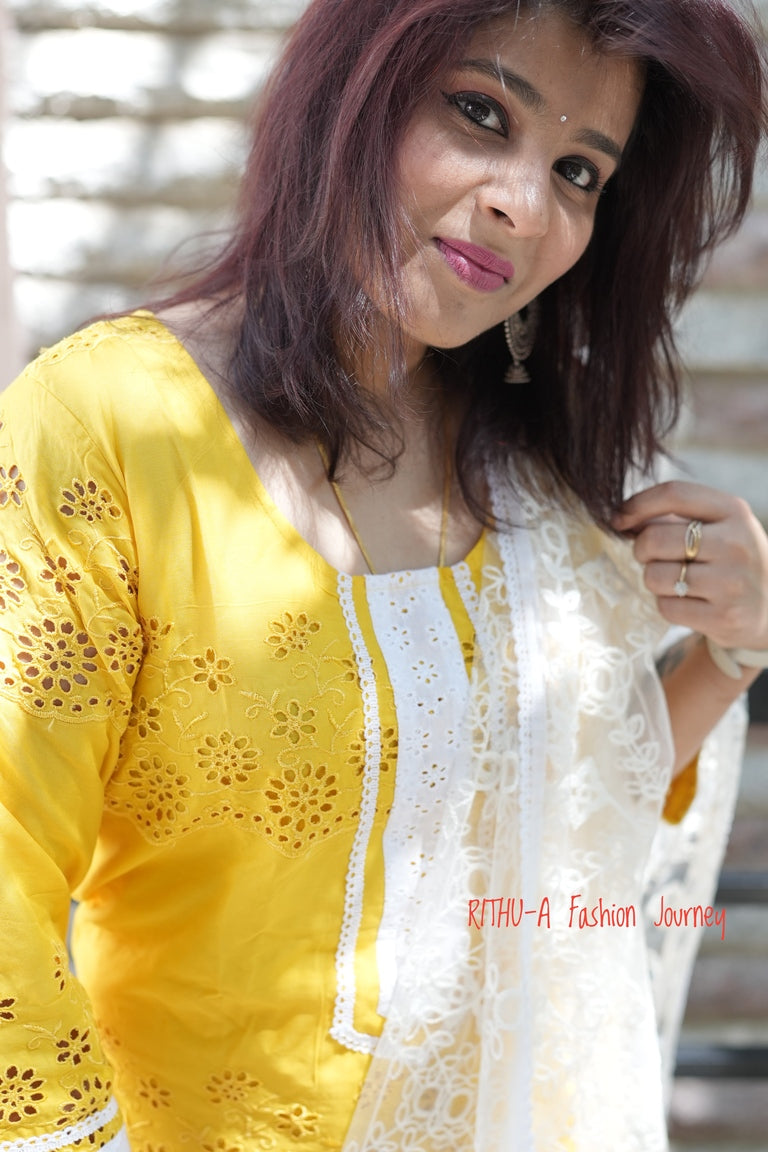 BIBA- Women Yellow Kurta With Trouser & Dupatta