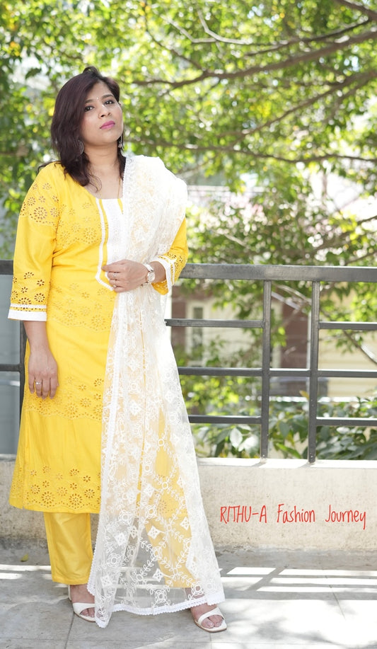 BIBA- Women Yellow Kurta With Trouser & Dupatta
