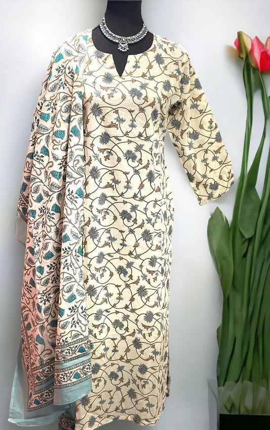 Women's Floral Printed Cotton Kurta With Palazzos Pant & Dupatta